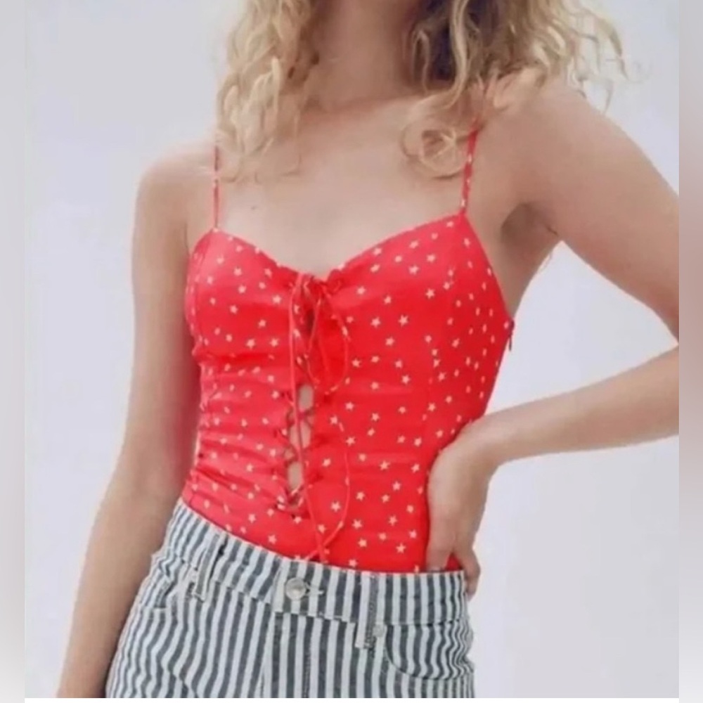 Zara satin effect red star bodysuit. Size XS. New with tags. Button closure